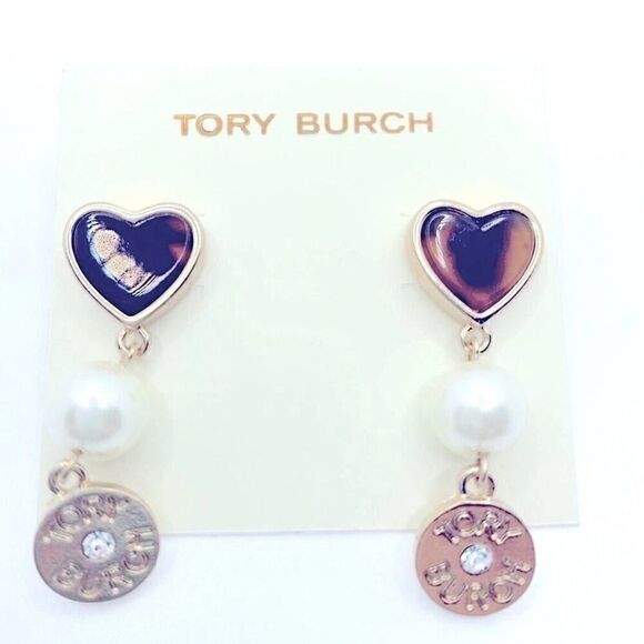 NWOT Tory Burch Gold Tortoise Heart,Pearl Drop Earirngs - Picture 3 of 4